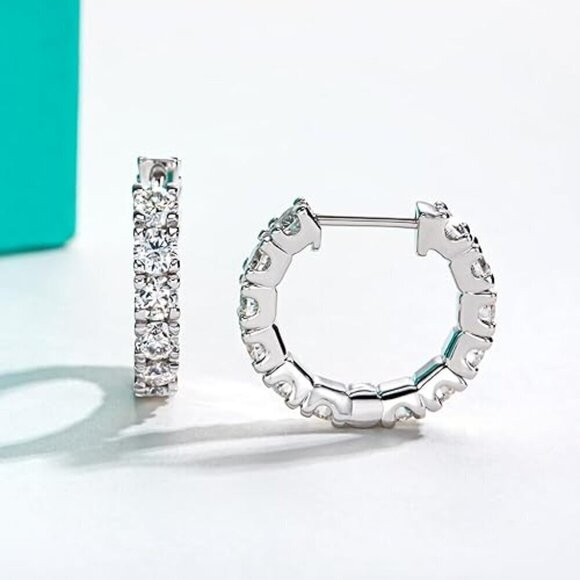 Certified 14K White Gold Huggie Hoop Earrings 2.4CT Moissanite Diamond S925 Gift - Picture 2 of 5